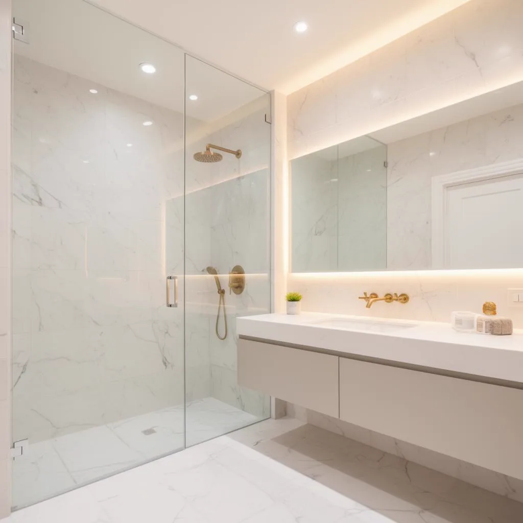 Bright white marble bathroom with a glass shower, a long white floating vanity with wall-mounted brass taps and a backlit mirror