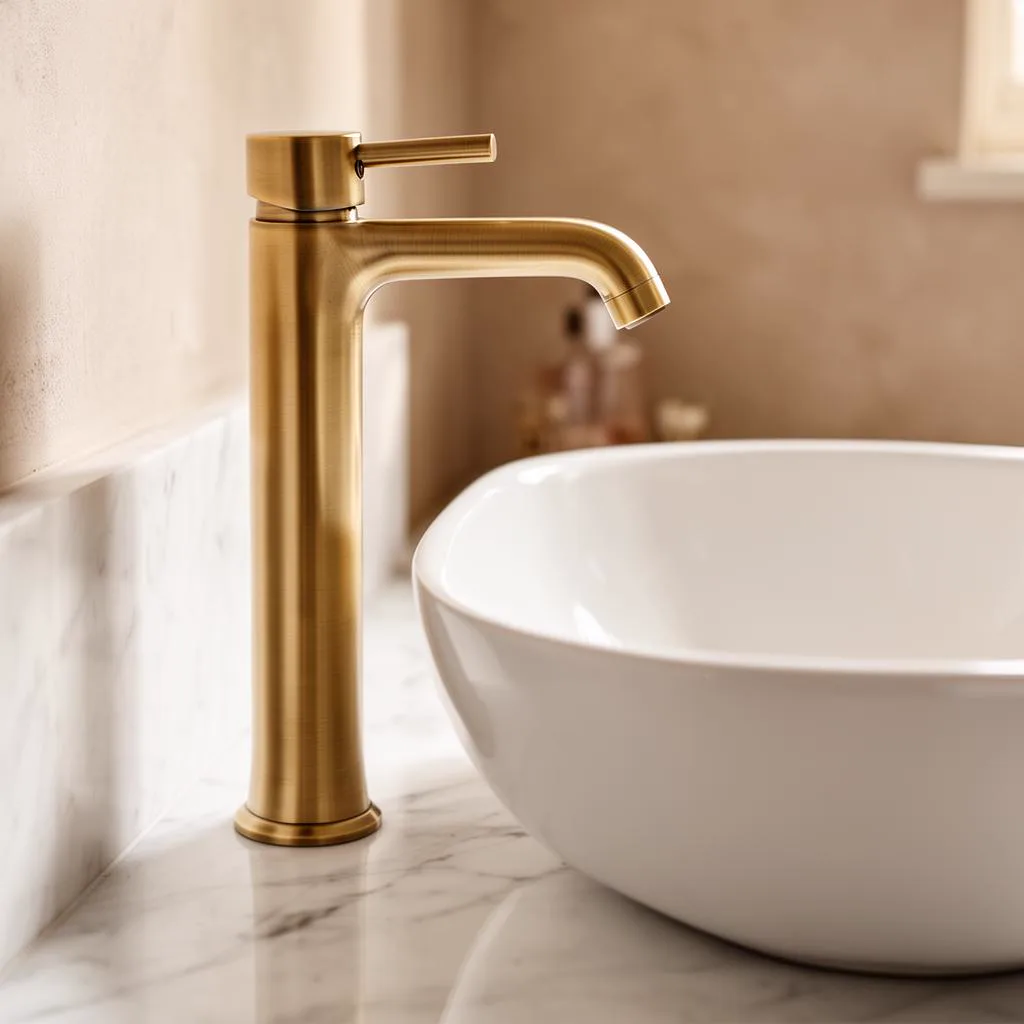 Close view of a tall brushed-brass basin tap beside a white ceramic vessel bowl on a white marble top