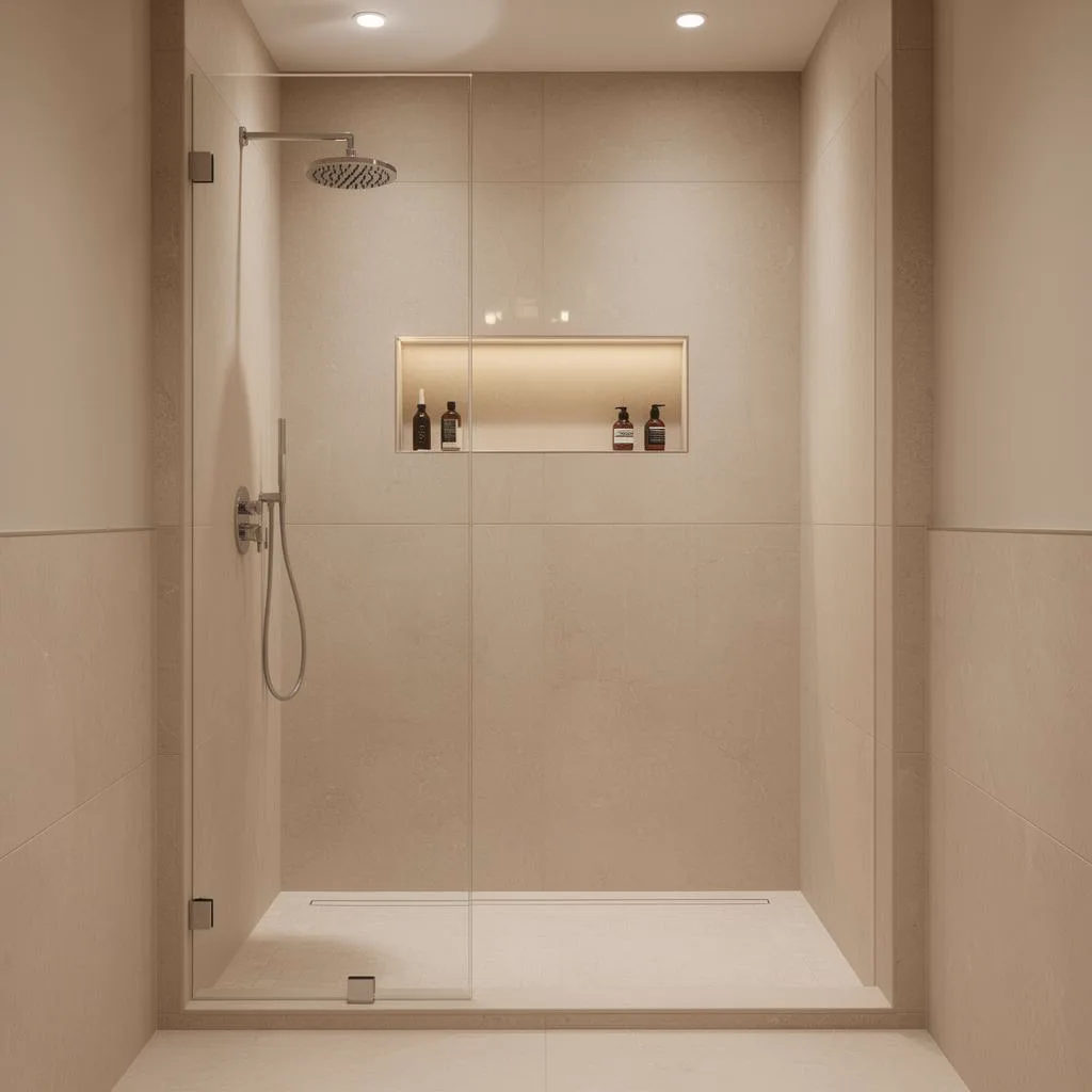 Beige stone-tiled shower with a frameless glass door, a chrome rain head and handset, and a lit recessed niche holding toiletry bottles
