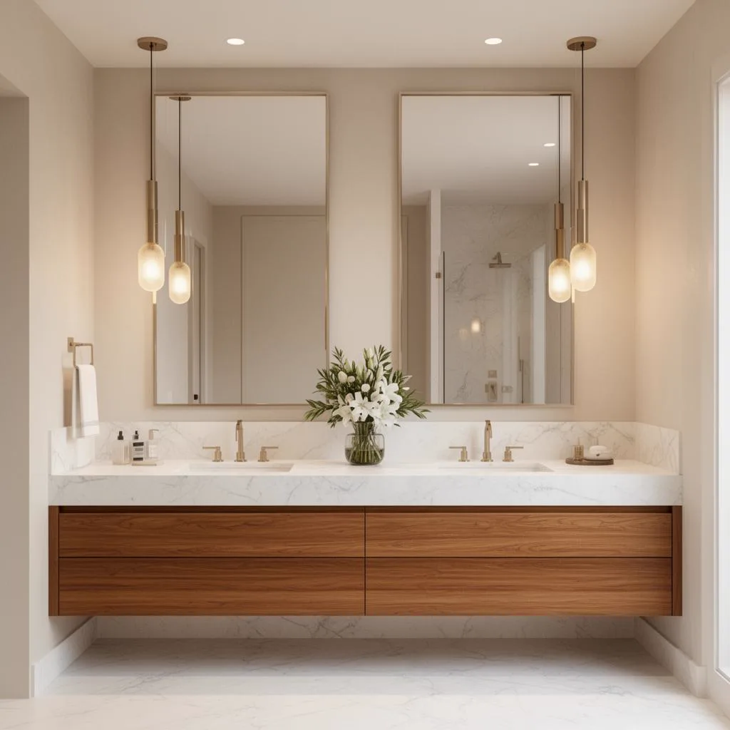 Double vanity with a walnut floating cabinet, a white marble top with two undermount basins, two rectangular mirrors and four glass pendant lights