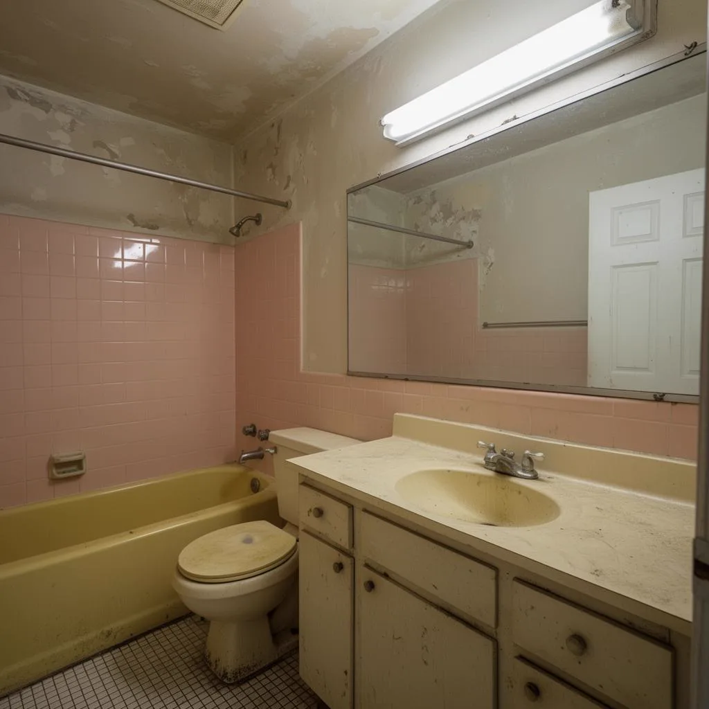 Dated bathroom with pink wall tile, a yellowed tub and basin, a stained cream vanity and peeling paint above the tile line