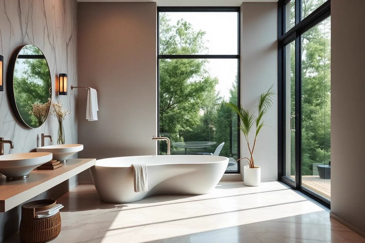 A corner bathroom with floor-to-ceiling black-framed glazing looking onto trees, a freestanding sculptural tub, a wooden shelf carrying two stone vessel basins, an oval mirror and a potted palm