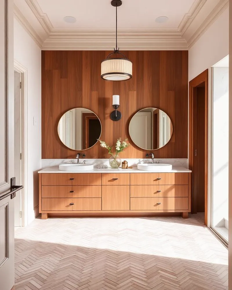 A vanity wall clad in vertical walnut boards, with two round brass-framed mirrors, a drum pendant, a candle sconce between the mirrors, a light wood cabinet holding two white countertop basins, and a herringbone floor