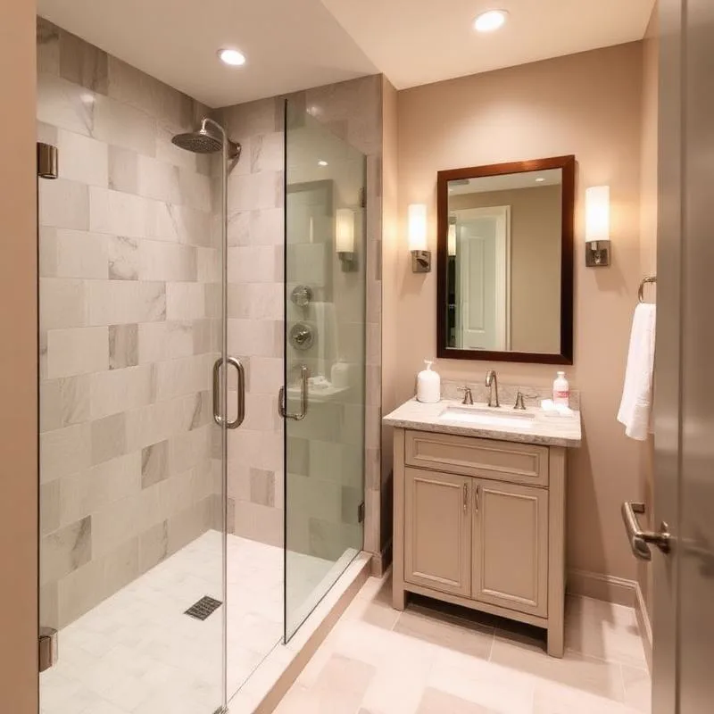 Narrow bathroom with a large glass shower enclosure in stone-look tile and a small cream shaker vanity below a dark-framed mirror between two sconces