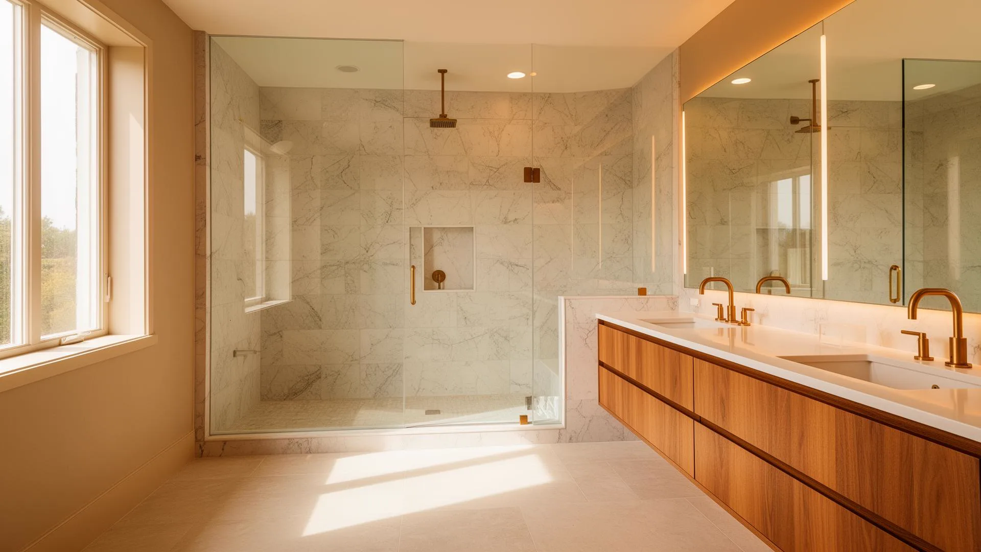 Wide marble bathroom in warm low sun, with a glass walk-in shower and brass rain head on the left and a long walnut floating vanity with two brass taps on the right