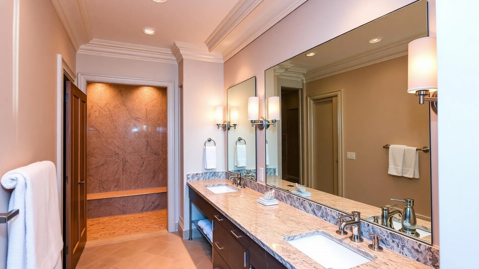 Long galley bathroom with a granite double vanity and two chrome taps below a wide framed mirror, wall sconces, white towels on rings, and a marble-lined shower through an open door at the far end