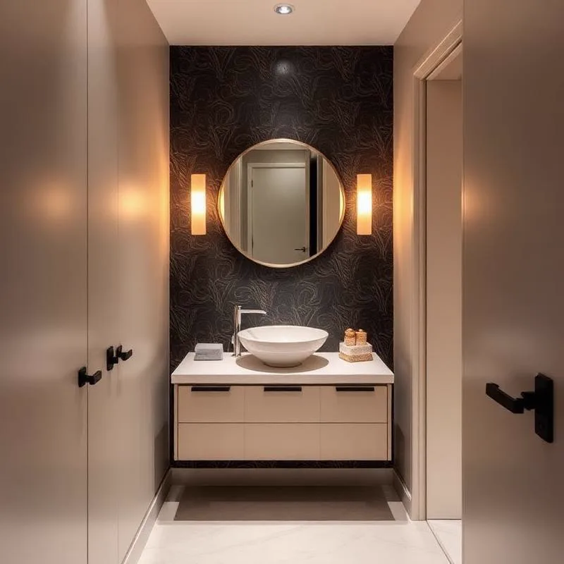 A small windowless room with dark patterned wallpaper on the far wall, a round brass-framed mirror hung between two lit sconces, and a pale floating vanity holding a white vessel bowl