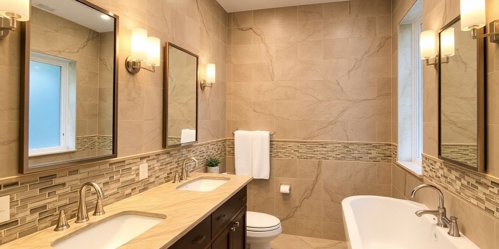 Luxurious remodeled bathroom with modern fixtures and tiles.