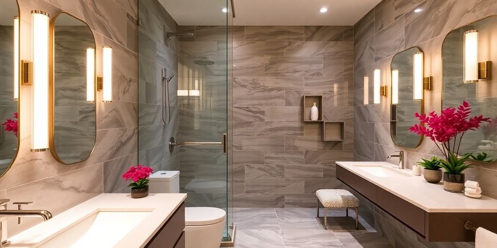 Modern bathroom with sleek fixtures and elegant design.