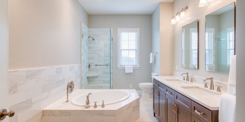 Modern remodeled bathroom with elegant fixtures and lighting.