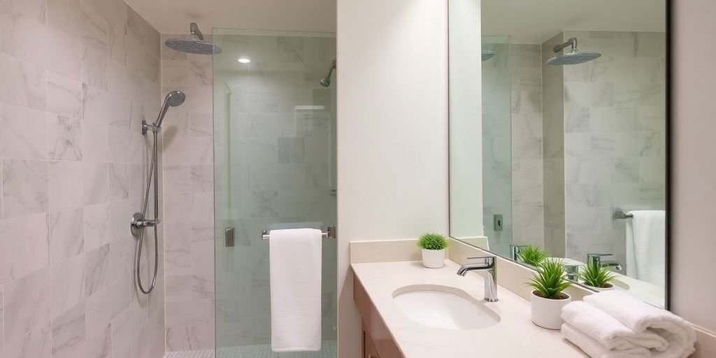 Modern bathroom renovation with elegant fixtures and lighting.