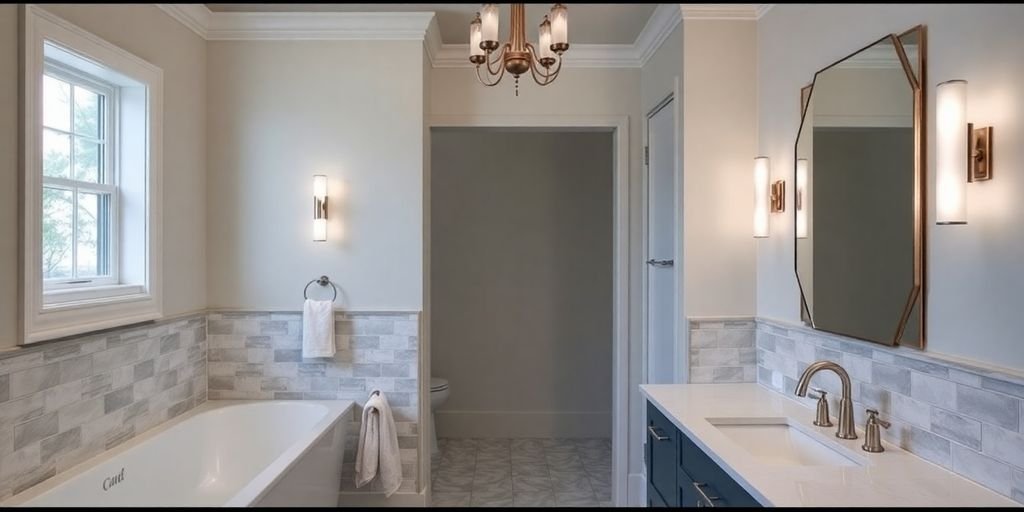 Modern bathroom remodel with elegant fixtures and lighting.