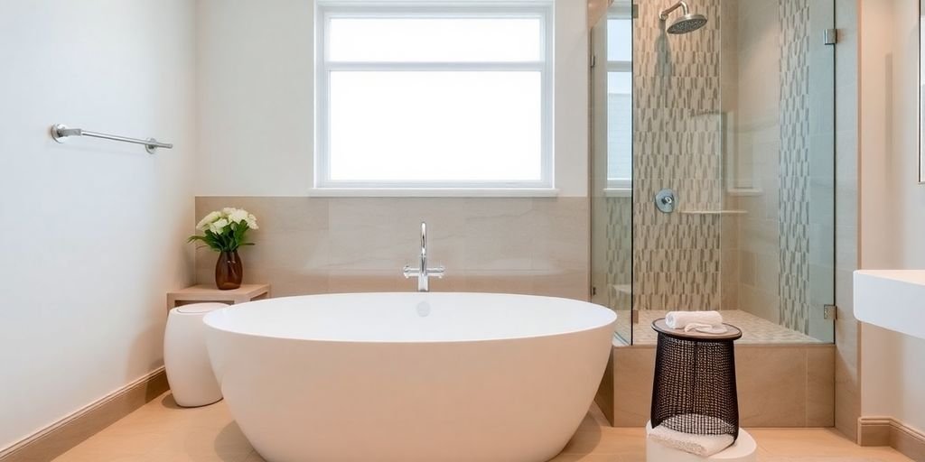 Modern bathroom with a luxurious new bathtub and tiles.