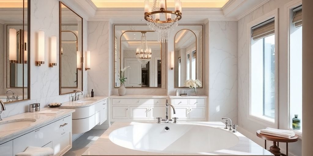 Elegant luxury bathroom with soaking tub and modern fixtures.