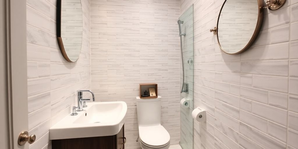 Stylish small bathroom with modern fixtures and elegant tiles.