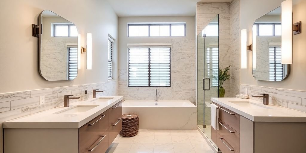 Modern bathroom with elegant fixtures and contemporary design.