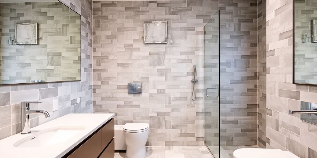 Modern bathroom with stylish ceramic tile installation.