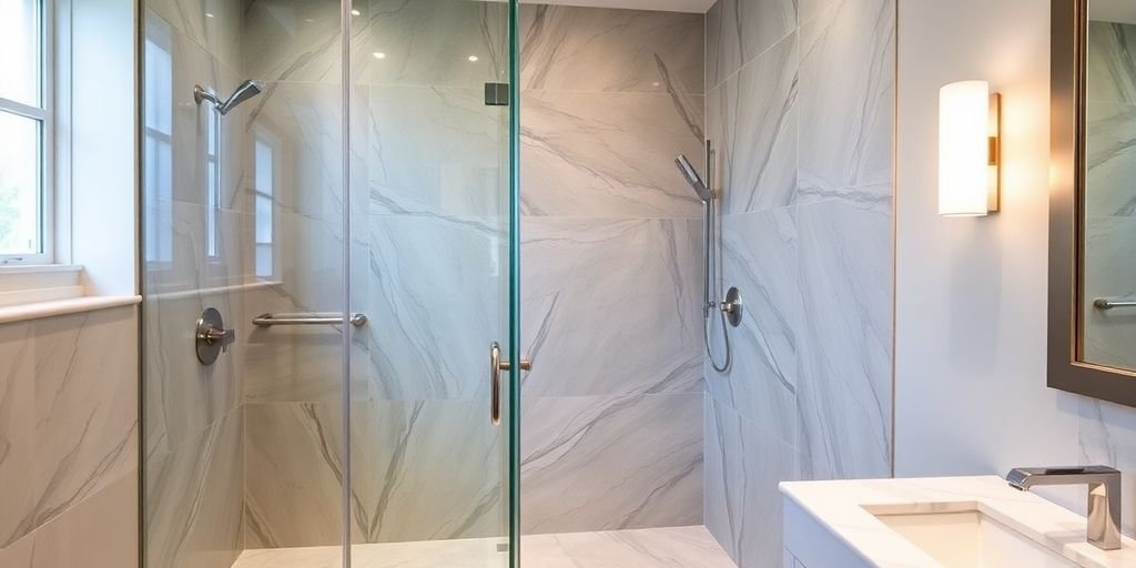 Luxurious remodeled shower with modern fixtures and elegant tiles.