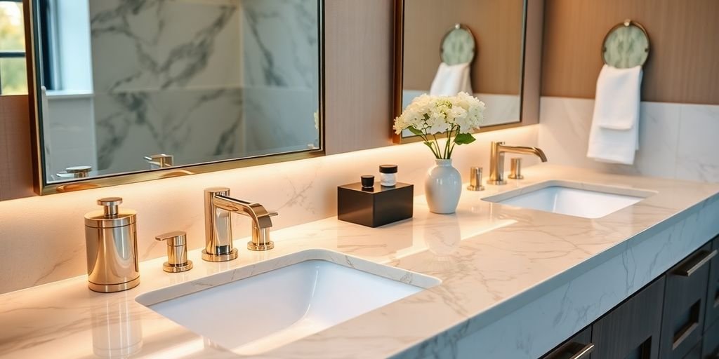 Luxurious bathroom countertop with modern design and fixtures.