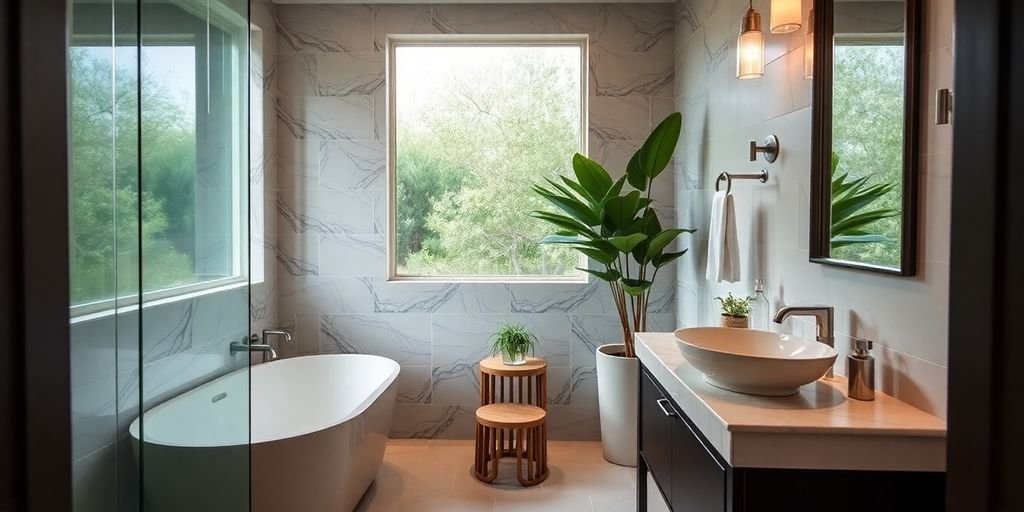 Modern bathroom with elegant fixtures and soft lighting.