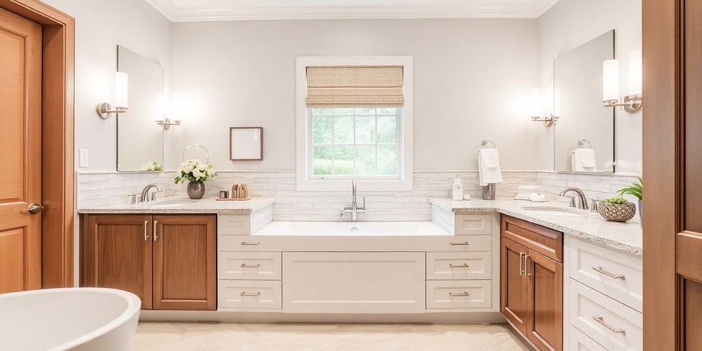 Modern bathroom with elegant cabinets and stylish decor.